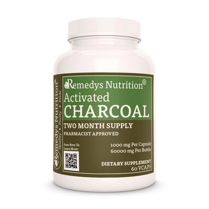 Image of Remedy's Nutrition® Activated Charcoal Capsules Dietary Supplement front bottle. Made in the USA. Activated Carbon.