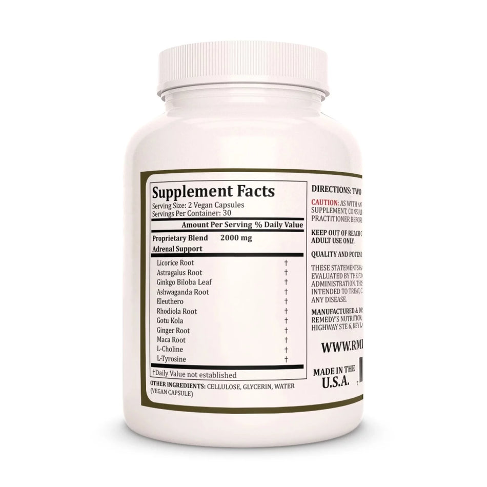 Image of Remedy's Nutrition® Adrenal Support™ Capsules Herbal Supplement back bottle. Made in USA. Ashwaganda, Gotu Kola, Maca