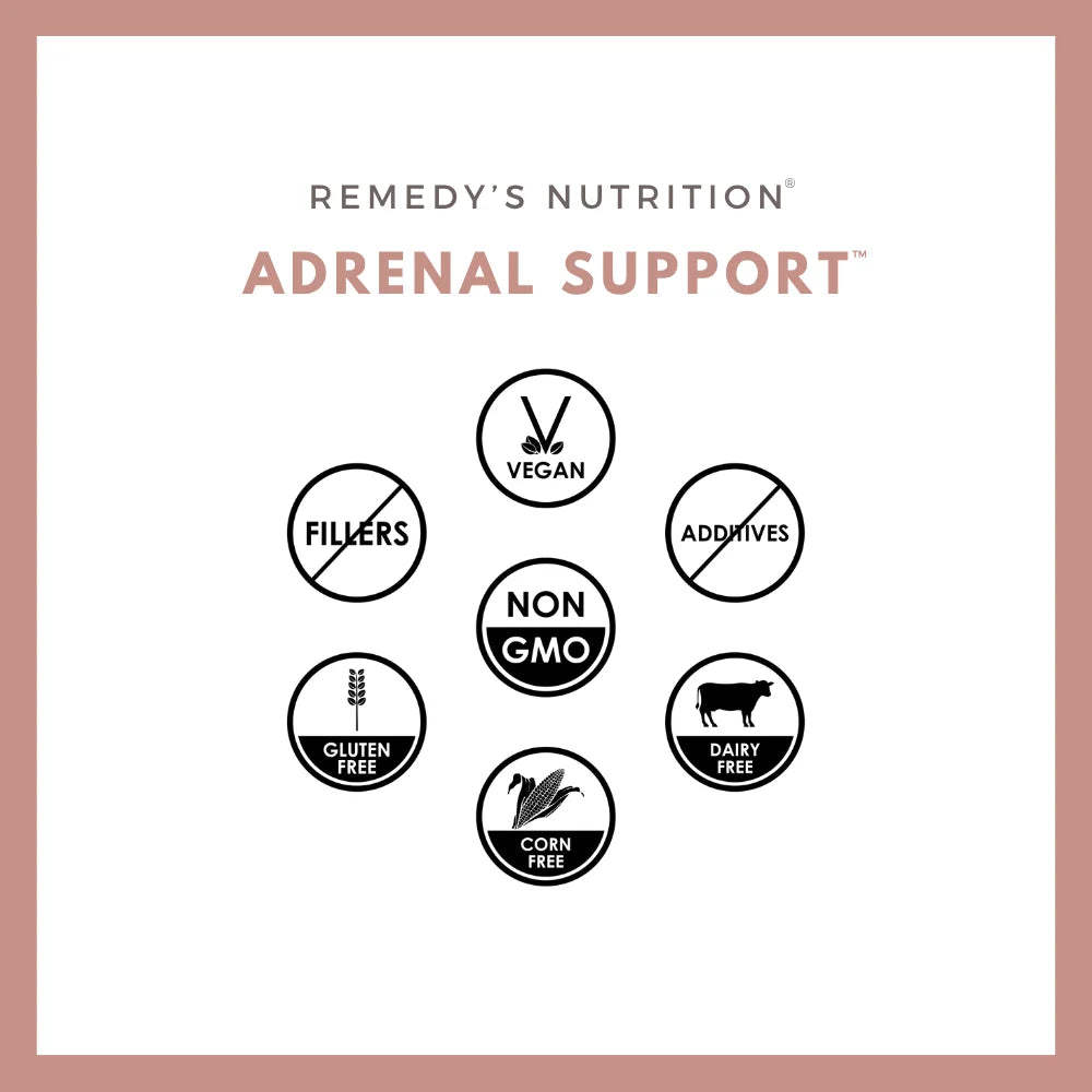 A graphic for Remedy's Nutrition Adrenal Support showing icons like vegan, non-GMO, and gluten-free.