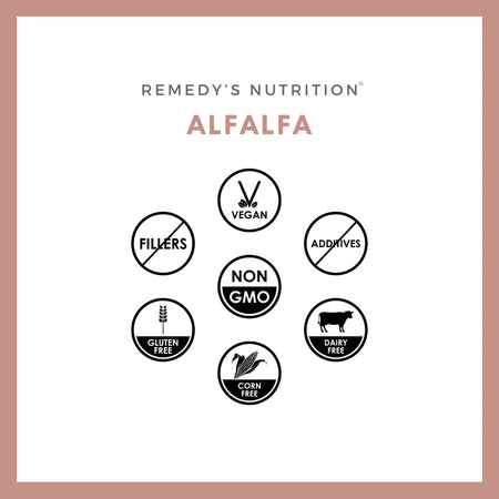An ad for Remedy's Nutrition Alfalfa with icons showing it is vegan, non-GMO, and gluten-free.