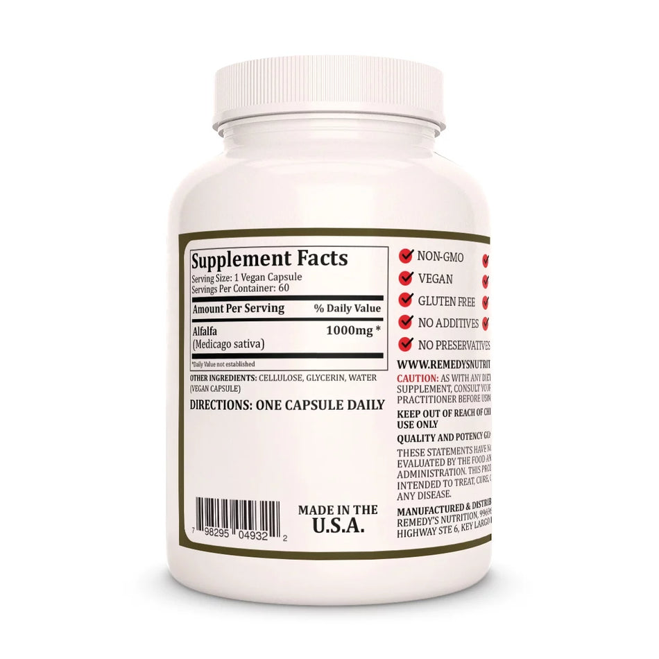 The Supplement Facts for Remedy's Nutrition Alfalfa, showing a 1000mg serving and daily directions.