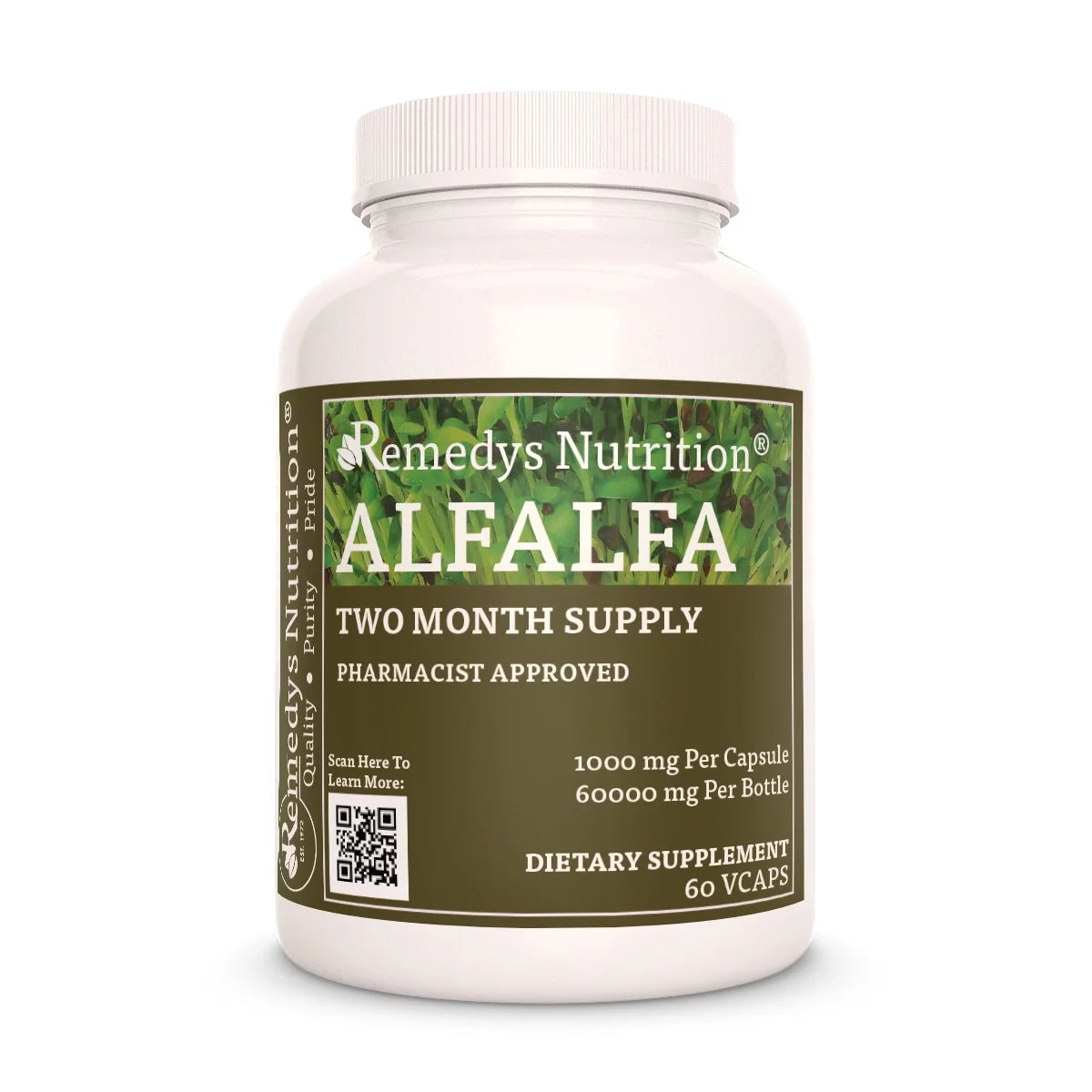 Image of Remedy's Nutrition® Alfalfa Capsules Dietary Supplement front bottle. Made in the USA. Medicago sativa.