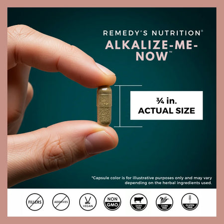 An ad for Remedy's Nutrition Alkalize-Me-Now showing the 3/4 in. actual size and its free-from icons.
