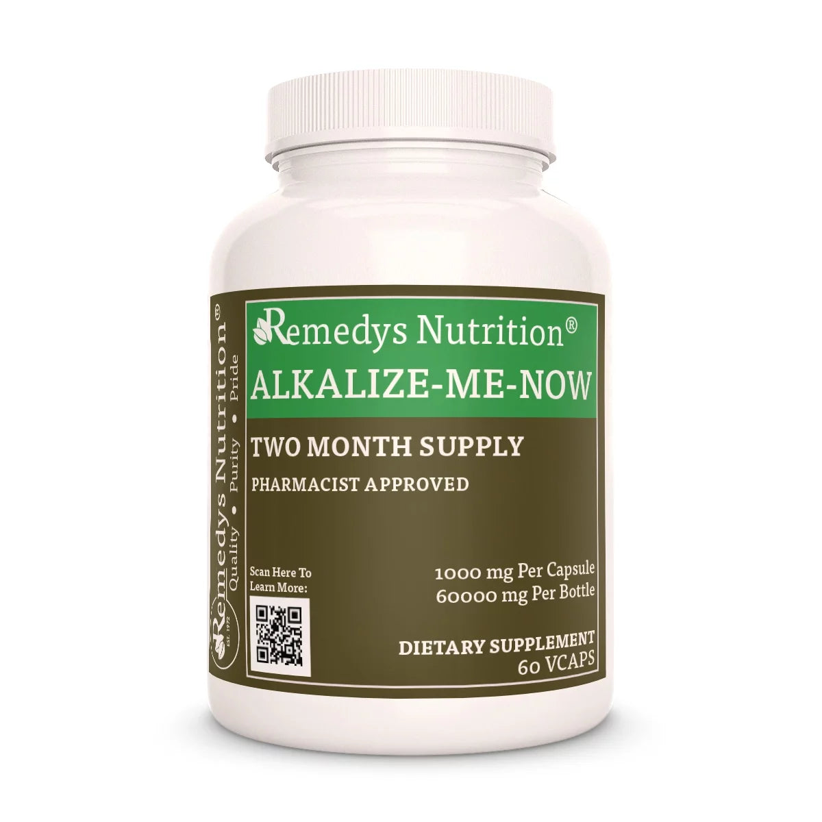 Image of Remedy's Nutrition® Alkalize-Me-Now™ Capsules Supplement front bottle. Made in USA. Sodium Hydrogen Carbonate.