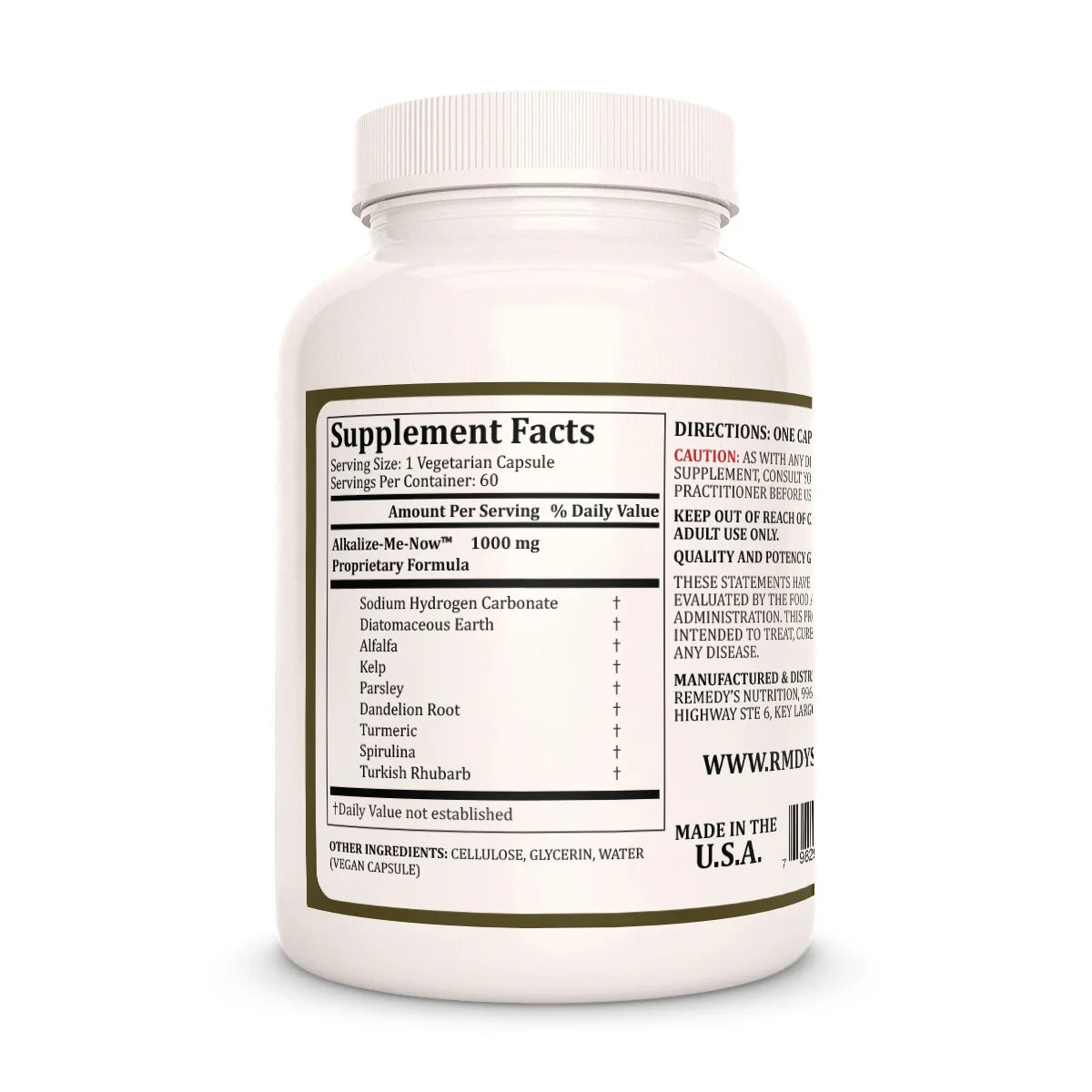 The Supplement Facts label for Remedy's Nutrition Alkalize-Me-Now, detailing its 1000mg formula