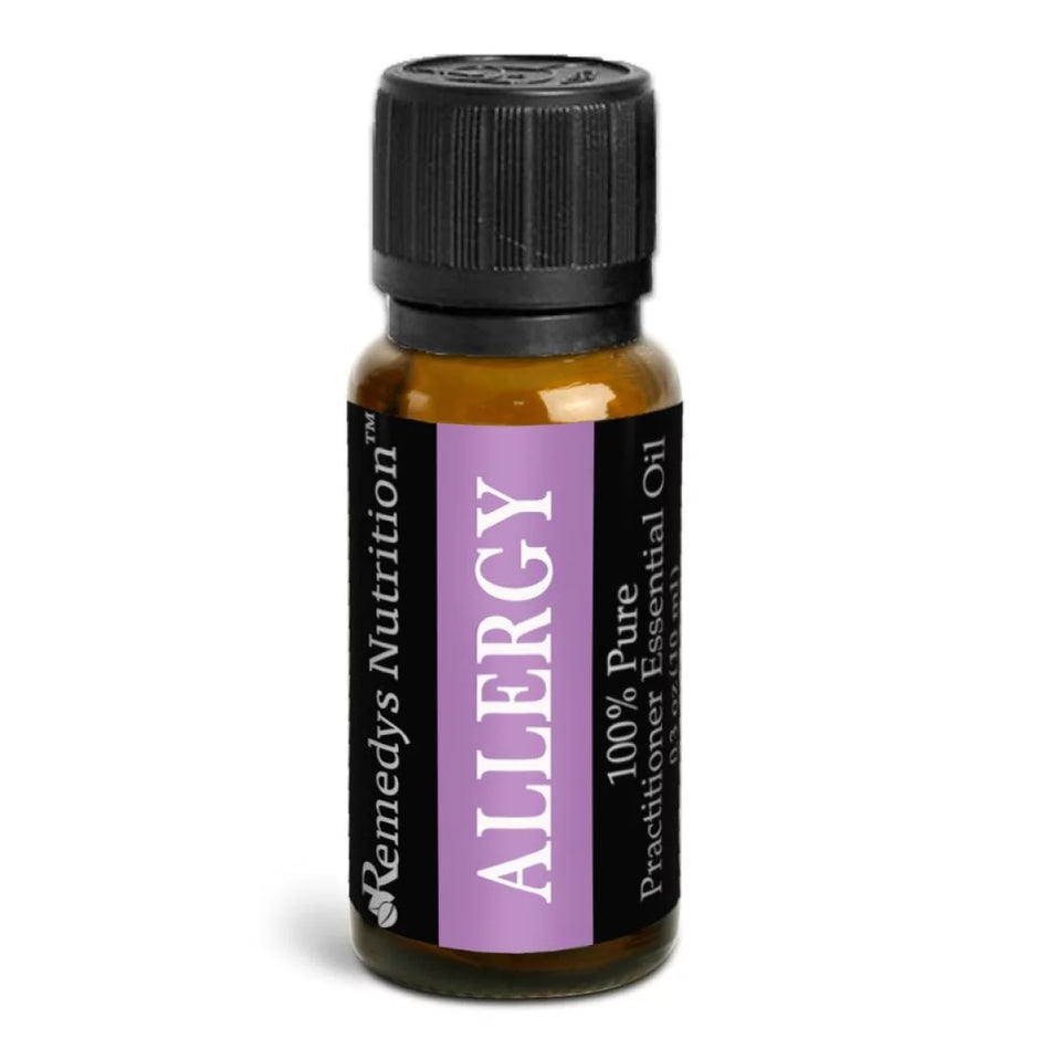 Image of Remedy's Nutrition® Allergy Essential Oil front bottle. Lavender, Frankincense, Tea Tree, Lemon, Eucalyptus.