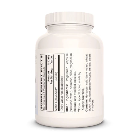 Image of Remedy's Nutrition® Alpha Lipoic Acid back label. Supplement Facts, Contains no fillers, additives. 