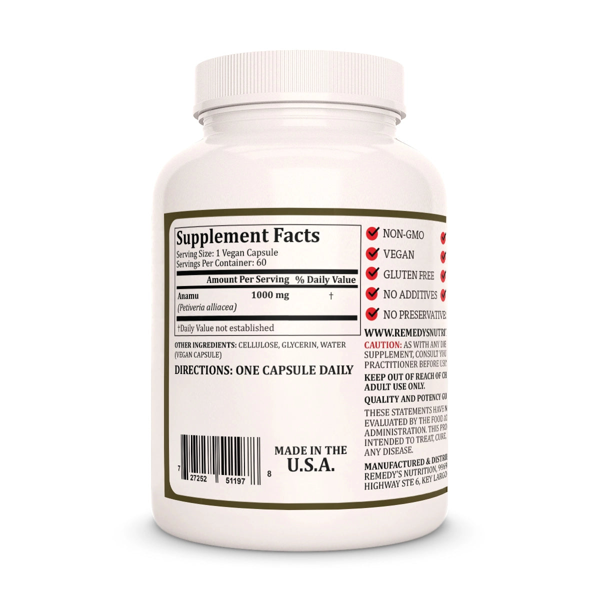 Image of Remedy's Nutrition® Anamu Capsules Dietary Herbal Supplement back bottle. Made in the USA. Petiveria alliacea.