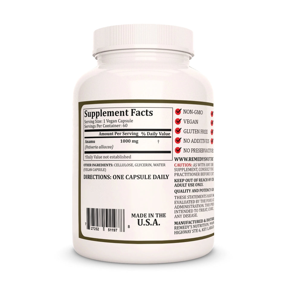 Image of Remedy's Nutrition® Anamu Capsules Dietary Herbal Supplement back bottle. Made in the USA. Petiveria alliacea.