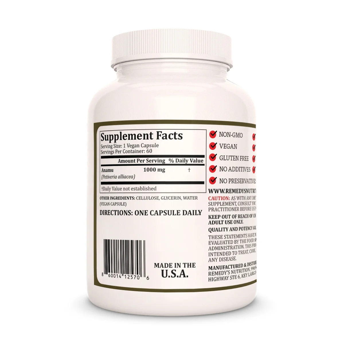 Image of Remedy's Nutrition® Anamu Capsules Dietary Herbal Supplement back bottle. Made in the USA. Petiveria alliacea.