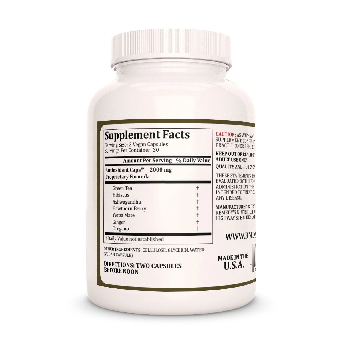 Image of Remedy's Nutrition® Anti-Oxidant™  Caps Dietary Herbal Supplement back bottle. Made in the USA  Green Tea, Oregano