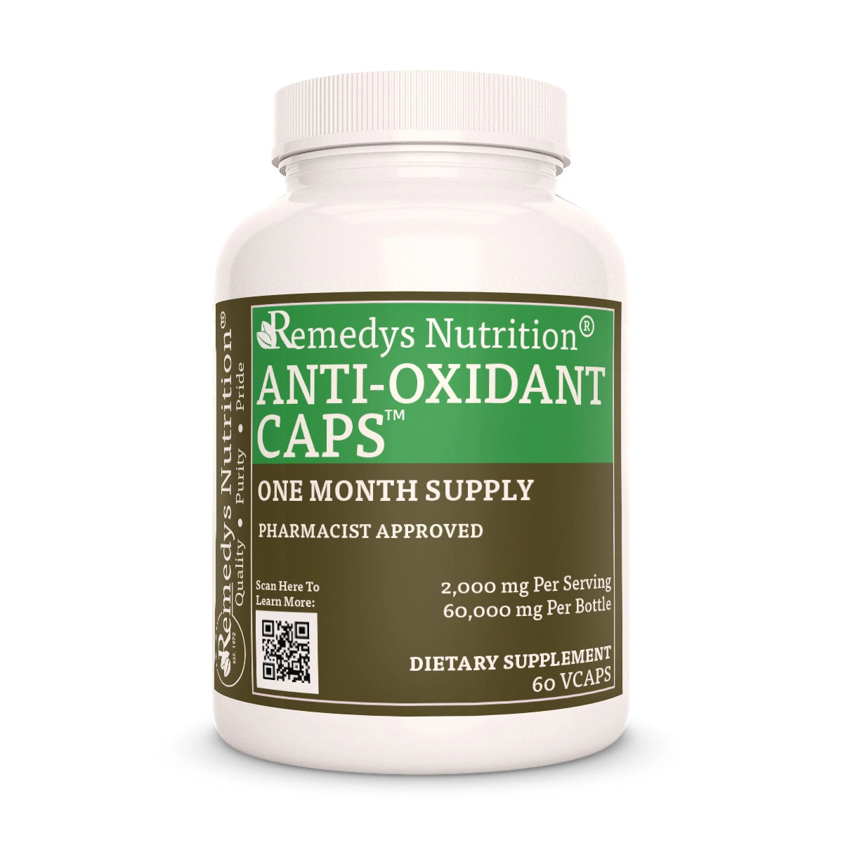 Image of Remedy's Nutrition® Anti-Oxidant™  Caps Dietary Herbal Supplement front bottle. Made in the USA  Green Tea, Oregano