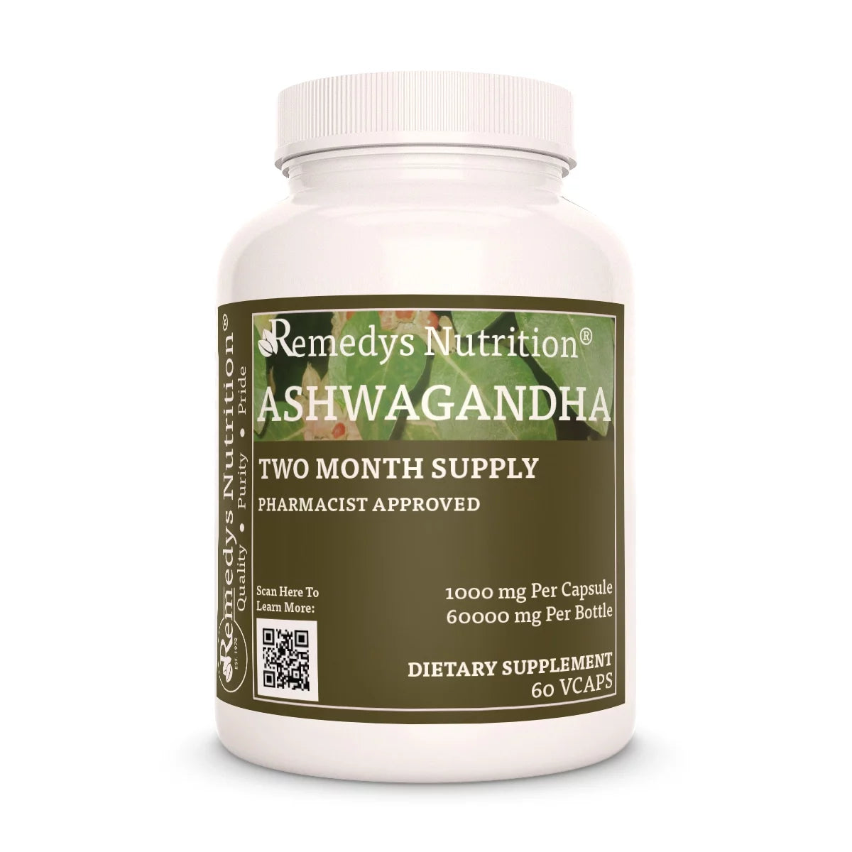 Image of Remedy's Nutrition® Ashwagandha Capsules Dietary Herbal Supplement front bottle. Made in the USA. Withania somnifera