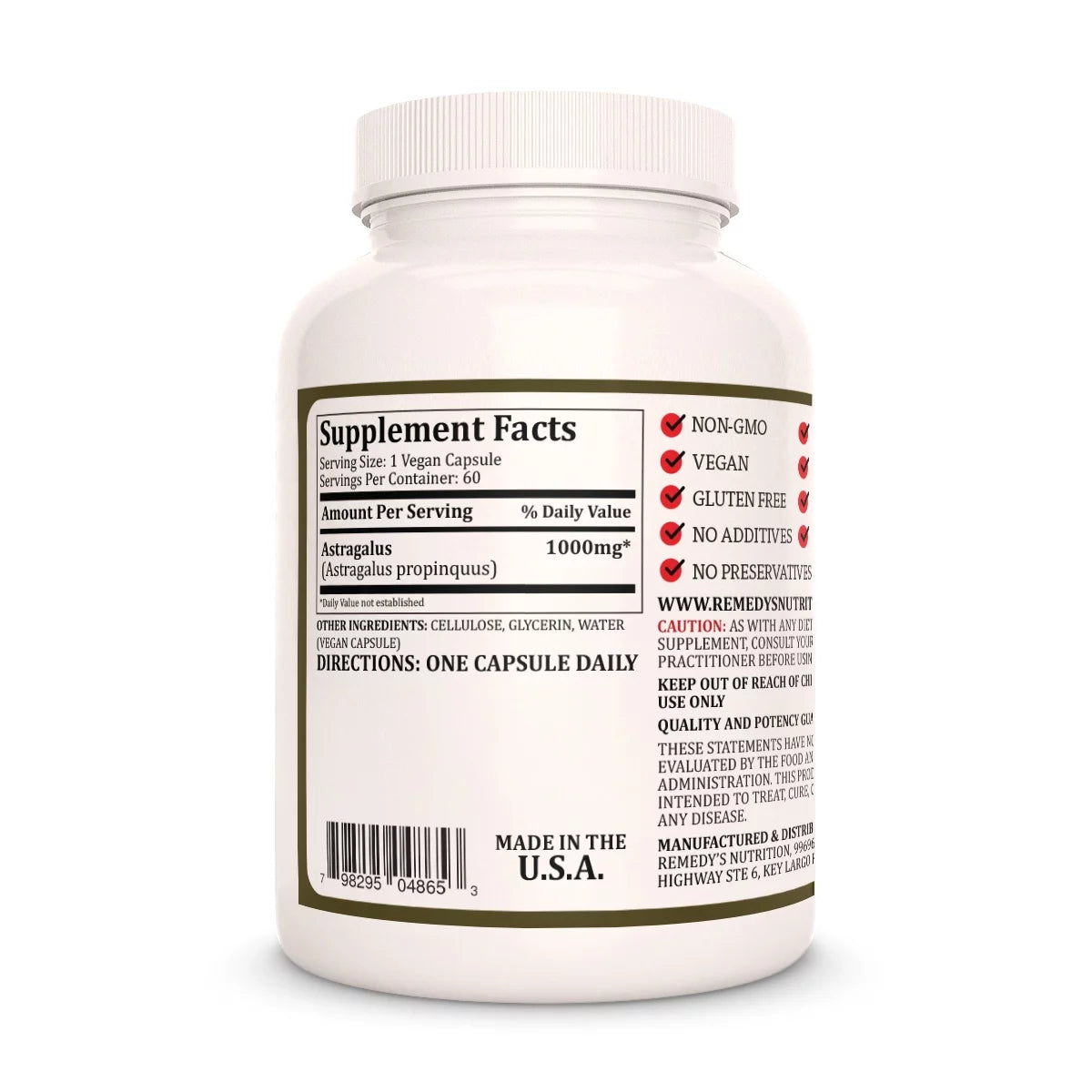 Image of Remedy's Nutrition® Astragalus back bottle label. Supplement Facts, Ingredients and Directions. propinquus.