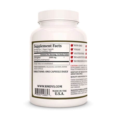 Image of Remedy's Nutrition® Astragalus Capsules Dietary Herbal Supplement back bottle. Made in USA. Astragalus propinquus.