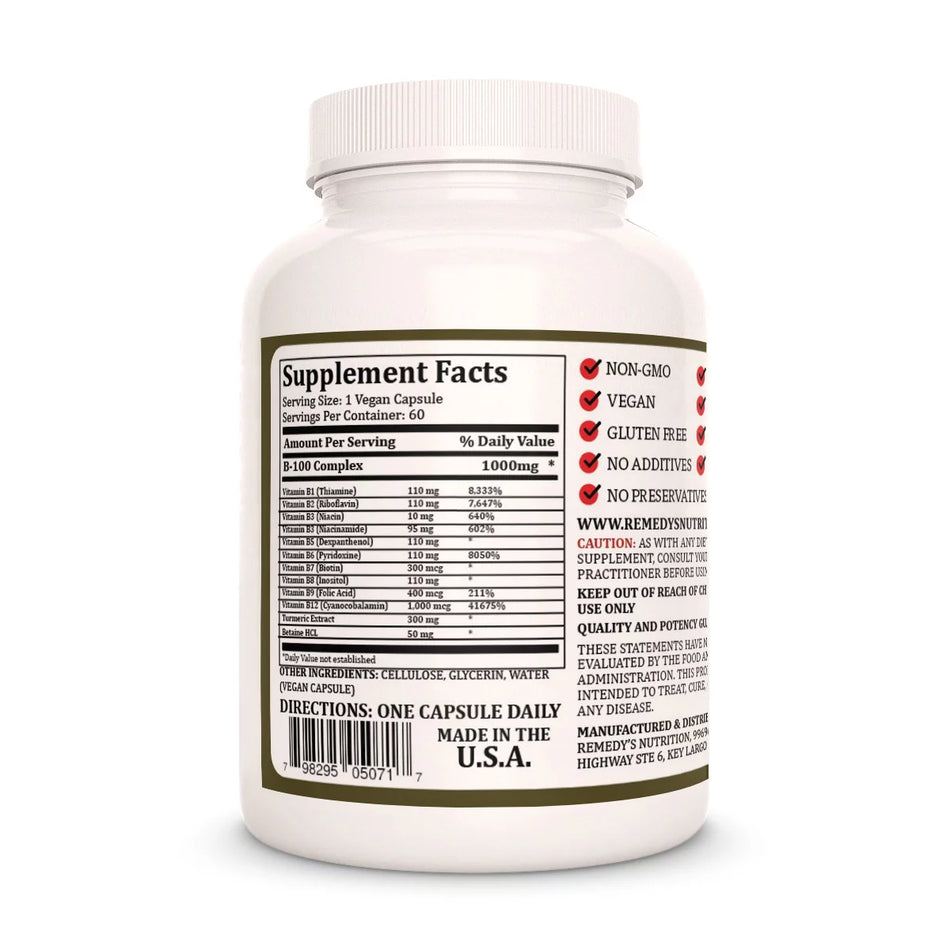 Image of Remedy's Nutrition® Vitamin B-100 Complex back. Supplement Facts label, Ingredients: B1 B2 B3 B5 B6 B7 B8 B9 & B12.