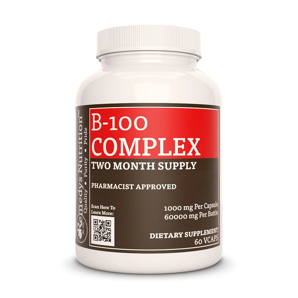 Image of Remedy's Nutrition® Vitamin B-100 Complex Capsules Dietary Supplement bottle. Made in the USA. B1 B2 B3 B6 B7 B9 B12
