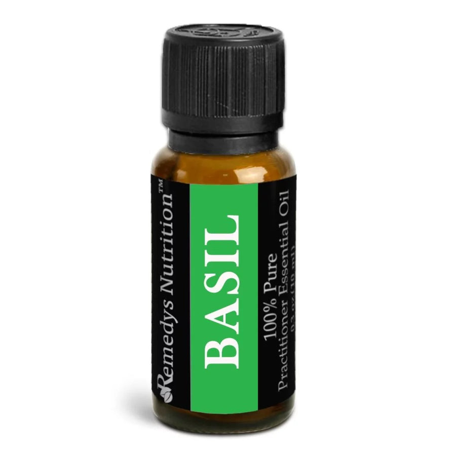 Image of Remedy's Nutrition® Basil Essential Oil Herbal Supplement front bottle.