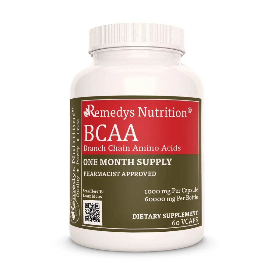 Image of Remedy's Nutrition® BCAA Amino Acid Capsules Dietary Supplement front bottle. Made in the USA.