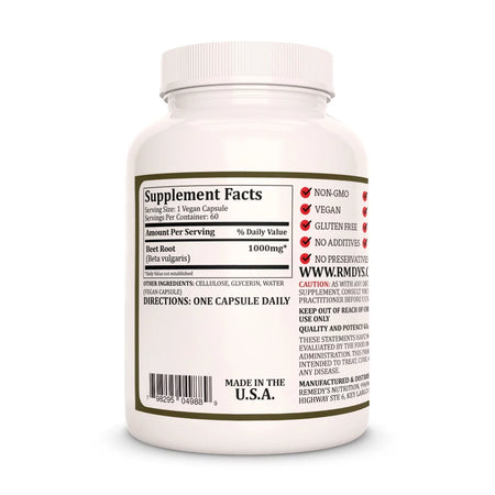 Image of Remedy's Nutrition® Beet Root back bottle label. Supplement Facts, Ingredients and Directions.  Beta vulgaris.