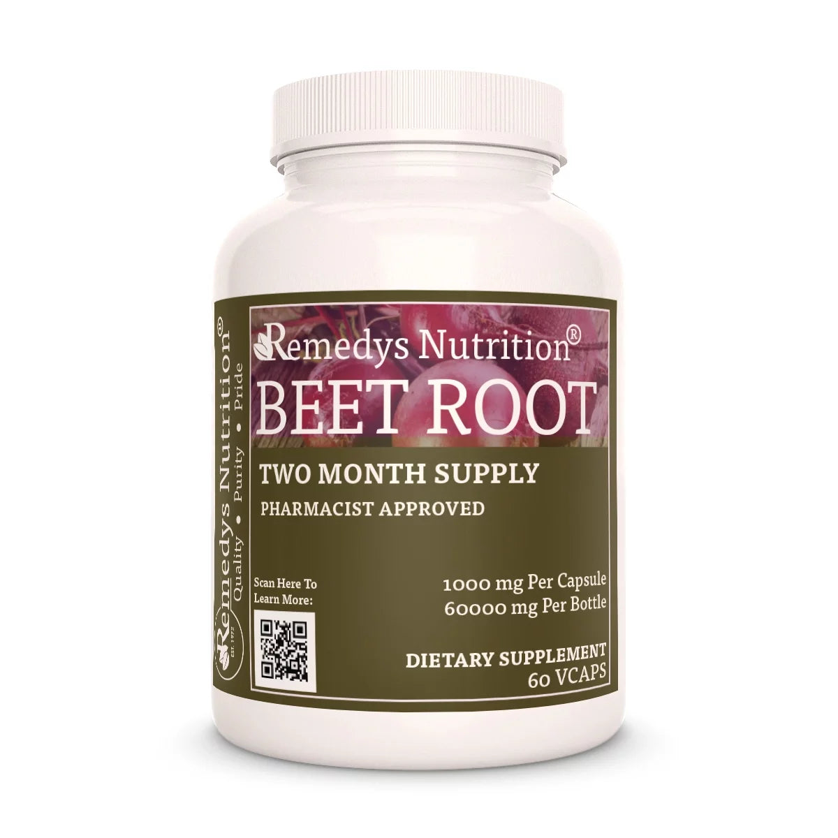 Image of Remedy's Nutrition® Beet Root Capsules Dietary Herbal Supplement front bottle. Made in the USA. Beta vulgaris.