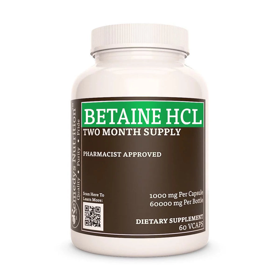 Image of Remedy's Nutrition® Betaine HCL (Hydrochloride) Capsules Herbal Supplement bottle. Made in USA. Papain, Bromaelain.