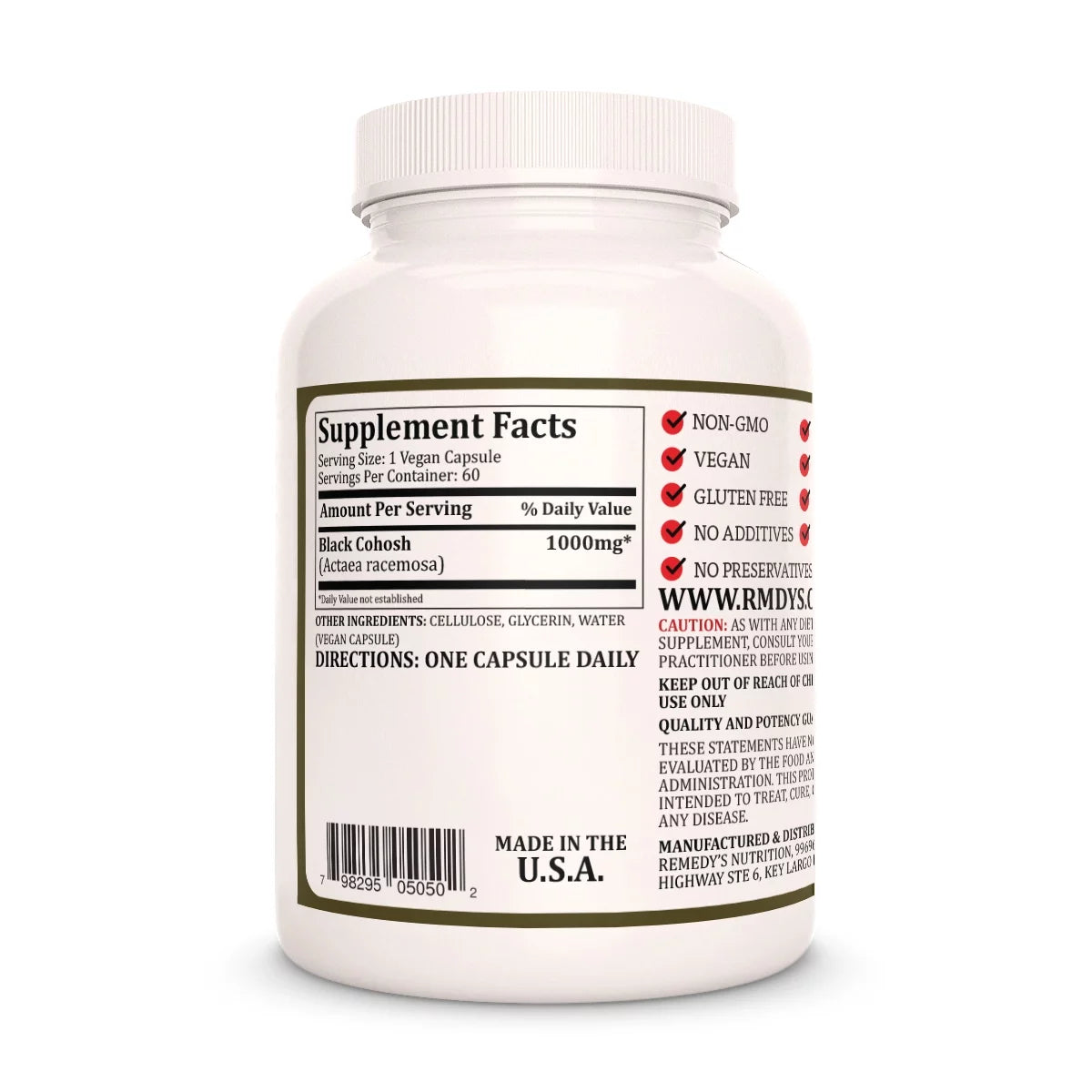 Image of Remedy's Nutrition® Black Cohosh Capsules Dietary Supplement front bottle. Made in the USA. Actaea racemosa