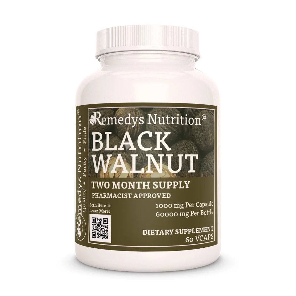 Image of Remedy's Nutrition® Black Walnut Capsules Dietary Herbal Supplement front bottle. Made in the USA. Juglans nigra.
