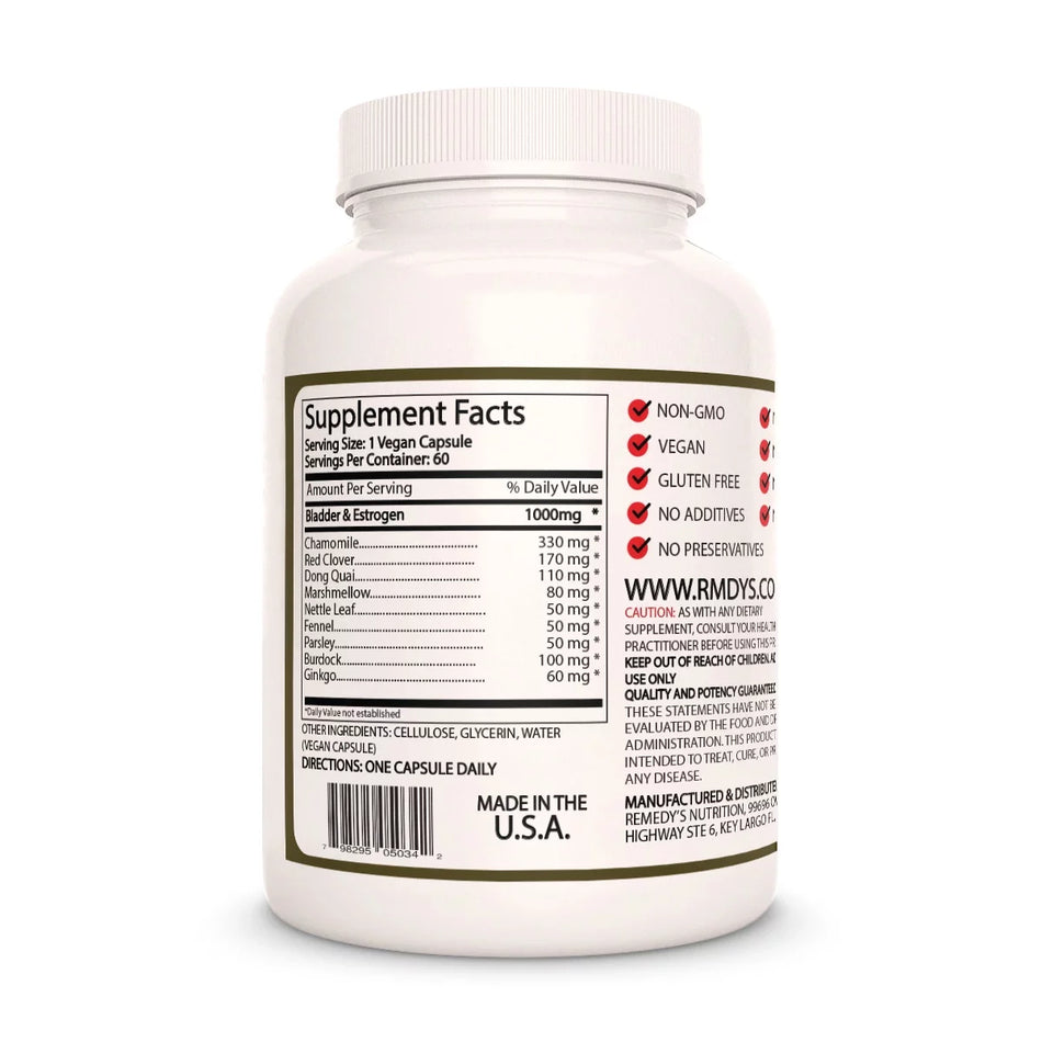 Image of Remedy's Nutrition® Bladder & Estrogen™ back label. Supplement Facts, Dong Quai, Marshmallow, Burdock, Gingko.