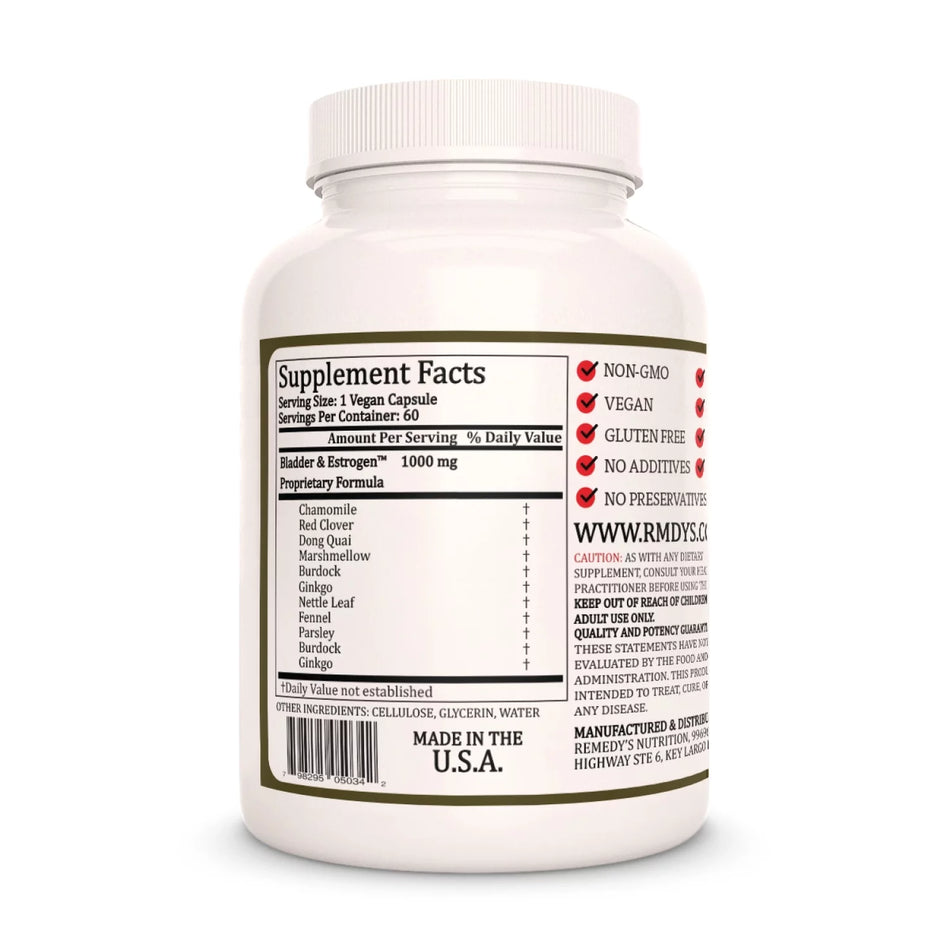 Image of Remedy's Nutrition® Bladder & Estrogen™ Capsules Herbal Supplement back supplement facts. Made in USA. Burdock, Ginkgo, Nettle. 