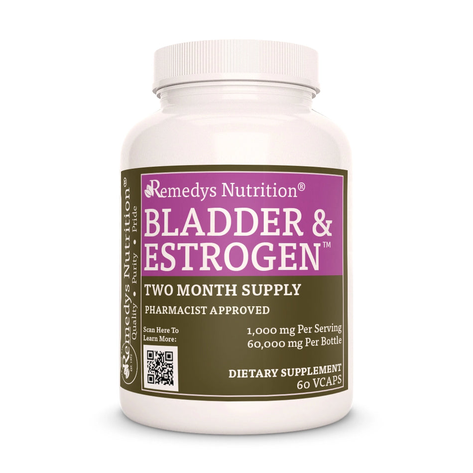 Image of Remedy's Nutrition® Bladder & Estrogen™ Capsules Herbal Supplement front bottle. Made in USA. Chamomile, Red Clover.
