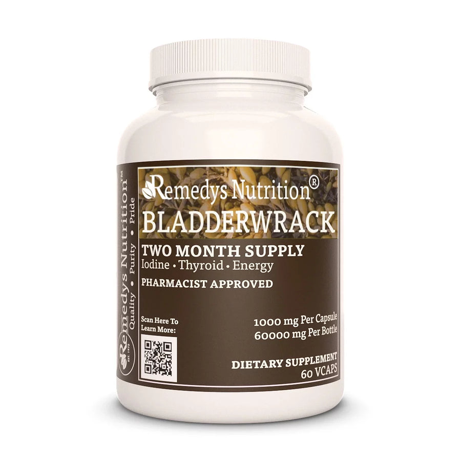 Image of Remedy's Nutrition® Bladderwrack Capsules Dietary Herbal Supplement front bottle. Made in the USA. Iodine, Thyroid.