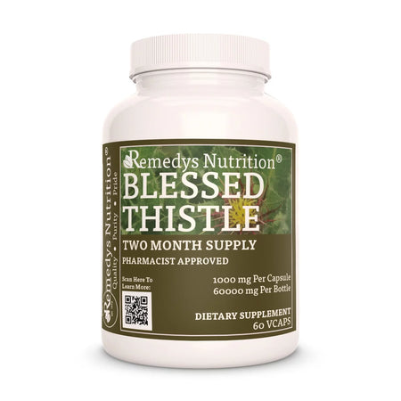 Image of Remedy's Nutrition® Blessed Thistle Capsules Dietary Supplement front bottle. Made in the USA. Cnicus benedictus.