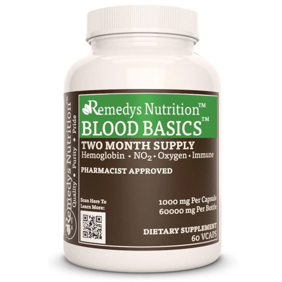 Image of Remedy's Nutrition® Blood Basics™ Capsules Herbal Supplement front bottle. Made in USA. Beet, Dandelion, Watercress. 
