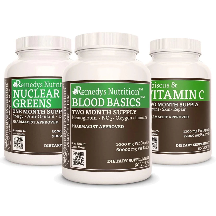 Image of Remedy's Nutrition® Blood Building Power Pack™ includes three: Nuclear Greens™, Blood Basics™, Hibiscus & Vitamin C™