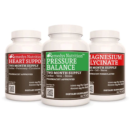 Image of Remedy's Nutrition® Blood Pressure Power Pack™ one bottle each Heart Support™ Pressure Balance™ Magnesium Glycinate™