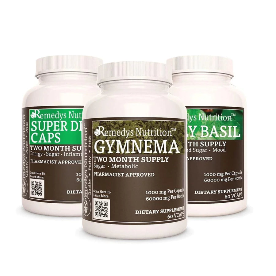 Image of Remedy's Nutrition® Blood Sugar Power Pack™ contains three bottles each of Gymnema, Super Diabe™, Holy Basil.