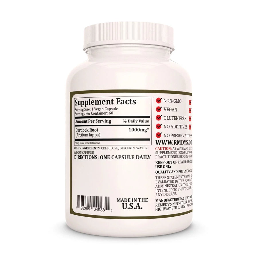 Image of Remedy's Nutrition® Burdock Root back label. Supplement Facts, No Additives, No Fillers. Arctium lappa.   