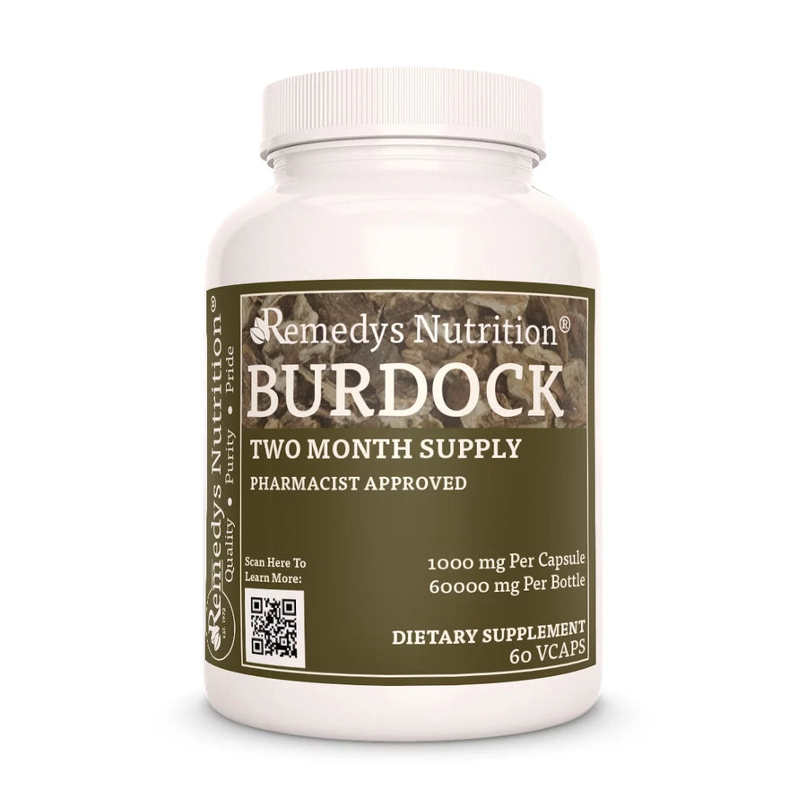 Image of Remedy's Nutrition® Burdock Root Capsules Dietary Herbal Supplement front bottle. Made in the USA. Arctium lappa.