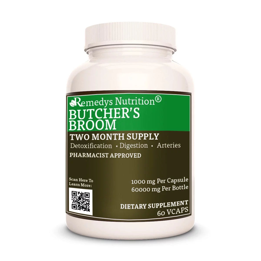 Image of Remedy's Nutrition® Butcher's Broom Capsules Dietary Herbal Supplement front bottle. Made in USA. Ruscus aculeatus.