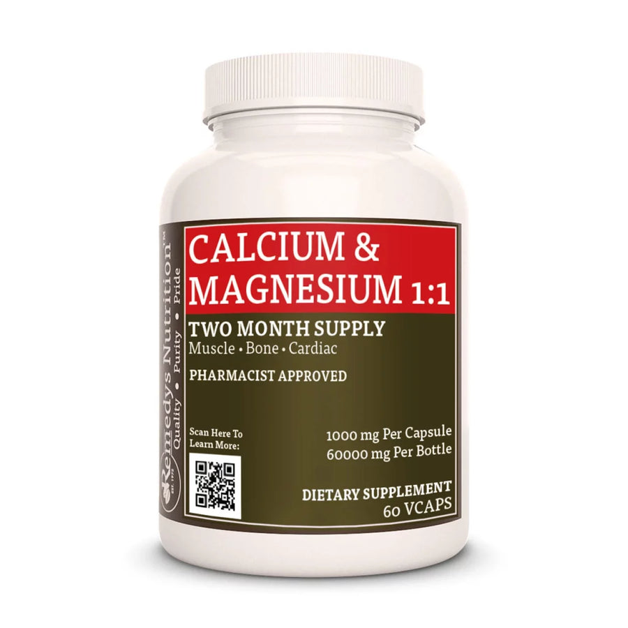Image of Remedy's Nutrition® Calcium & Magnesium 1:1 Capsules Dietary Supplement front bottle. Made in the USA.