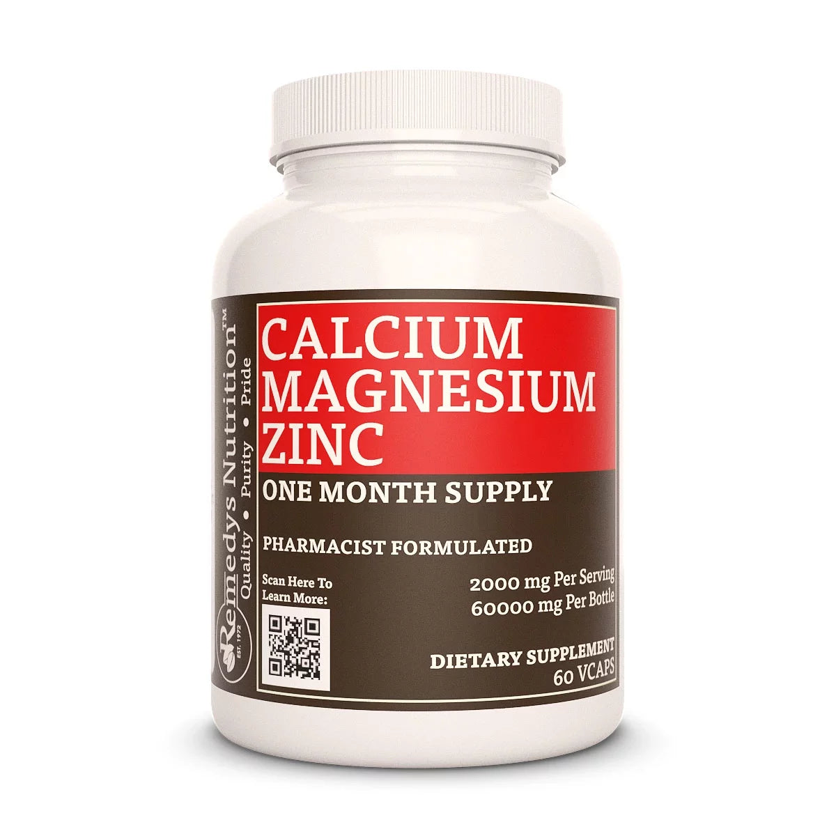 Image of Remedy's Nutrition® Calcium Magnesium Zinc Capsules Dietary Supplement front bottle. Made in the USA. 2:1 Ratio.