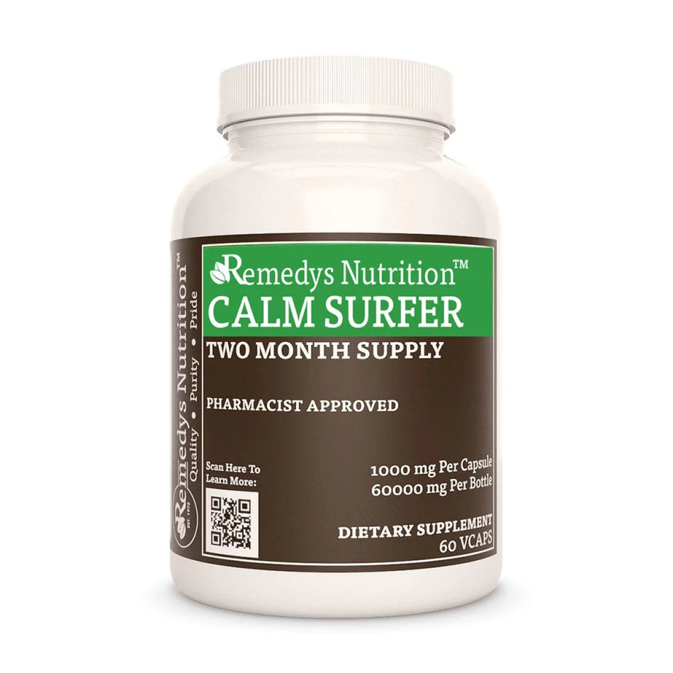 Image of Remedy's Nutrition® Calm Surfer™ Herbal Supplement front bottle. Ashwagandha, Kava, and Valerian. Made in the USA.