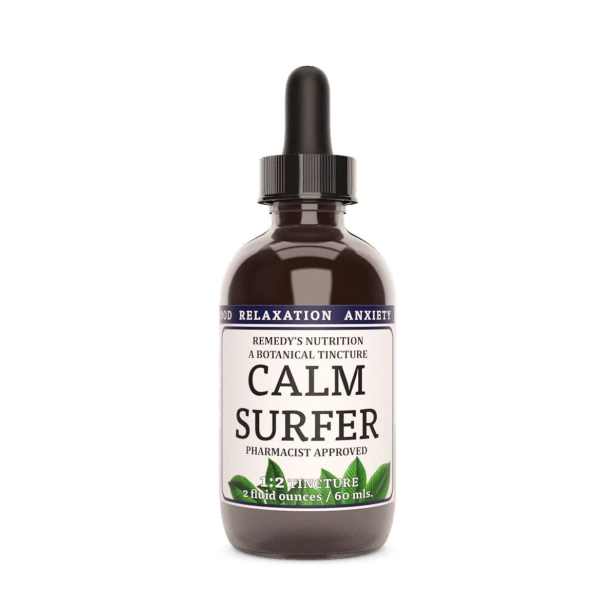 Image of Remedy's Nutrition® Calm Surfer™ Herbal Tincture front bottle. Ashwagandha, Kava, and Valerian. Made in the USA.
