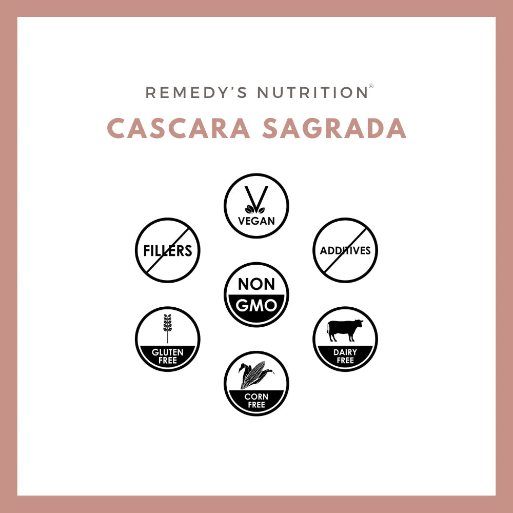 An ad for Remedy's Nutrition Cascara Sagrada with icons showing it is vegan, non-GMO, and gluten-free.