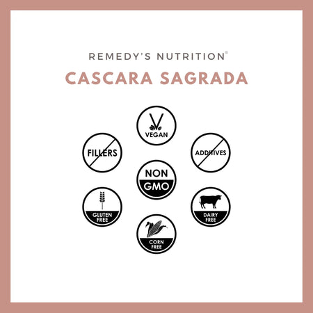 An ad for Remedy's Nutrition Cascara Sagrada with icons showing it is vegan, non-GMO, and gluten-free.