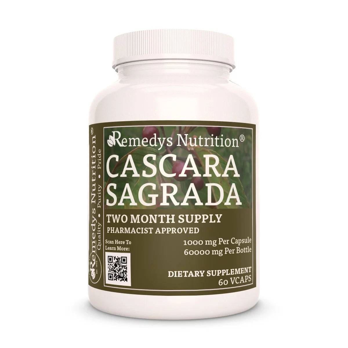 Image of Remedy's Nutrition® Cascara Sagrada Capsules Dietary Herbal Supplement front bottle. Made in USA. Rhamnus purshiana.