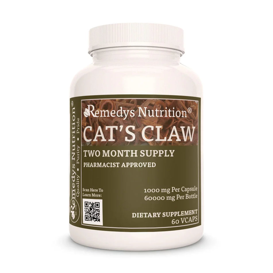 Image of Remedy's Nutrition® Cat's Claw Dietary Supplement front bottle. Vegan Capsules, Made in the USA. Uncaria tomentosa.