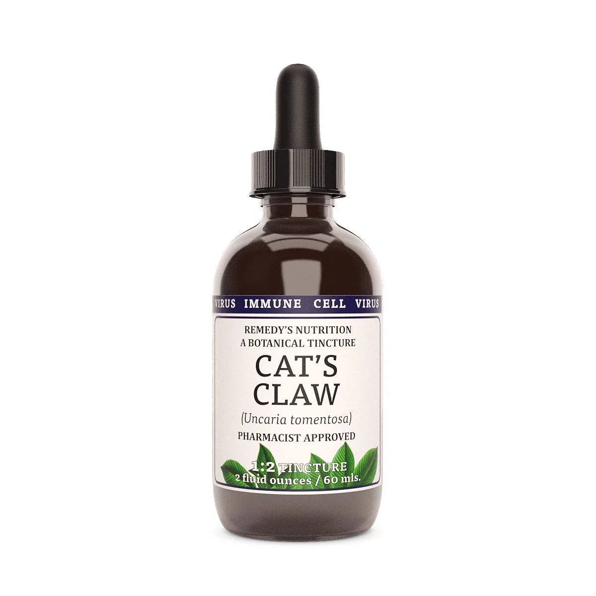 Image of Remedy's Nutrition® Cat's Claw Tincture Dietary Herbal Supplement front bottle. Made in the USA. Uncaria tomentosa.