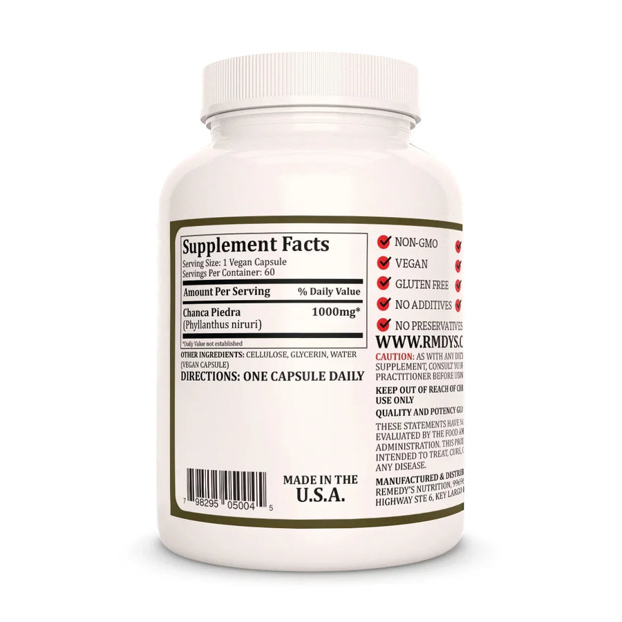 Image of Remedy's Nutrition® Chanca Piedra back label. Supplement Facts, Ingredients, Directions. Phyllanthus niruri.